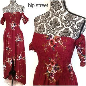 Gypsy Boho Overlap Petal Hem Strapless Tube Top w/Tube Arm Sleeves Maxi Dress S